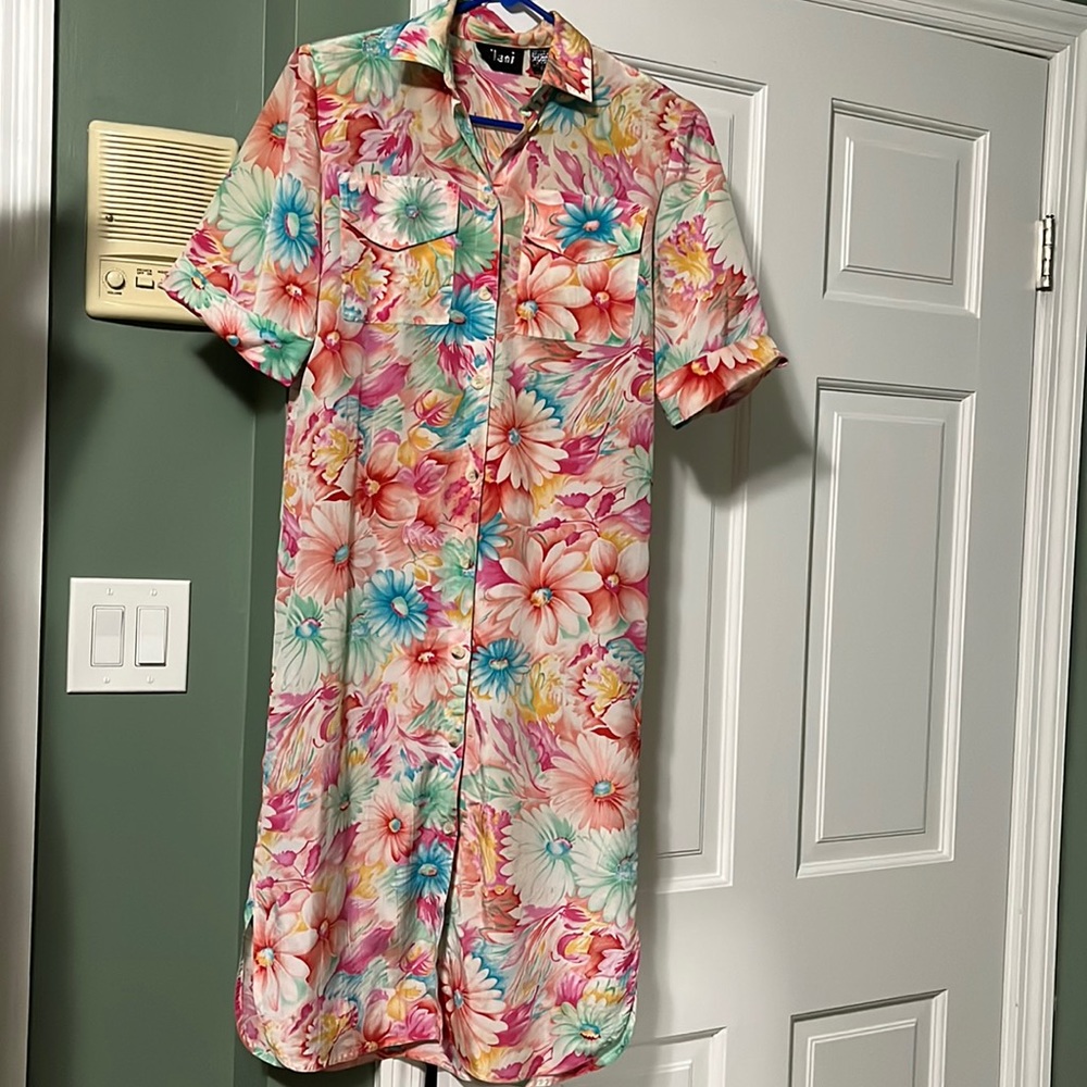 Vintage 80s Nilani size 3/4 floral shirt dress tropical beach vacation retro